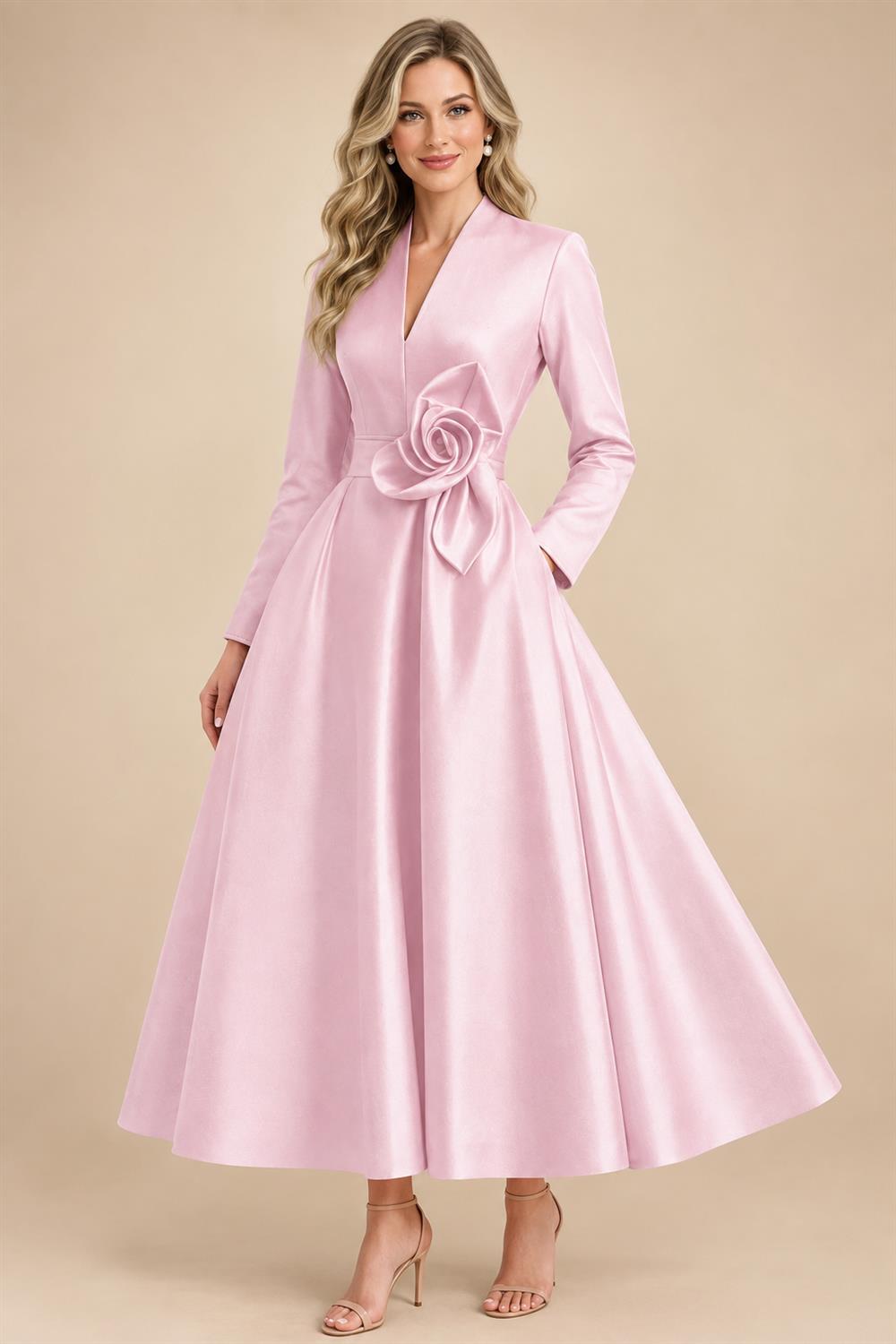A-Line/Princess V-Neck Satin Tea-Length Mother of the Bride Dresses with Flower (SHI22500080)