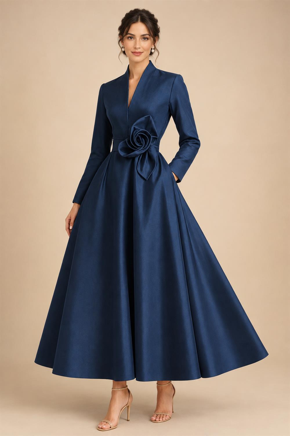 A-Line/Princess V-Neck Satin Tea-Length Mother of the Bride Dresses with Flower (SHI22500080)