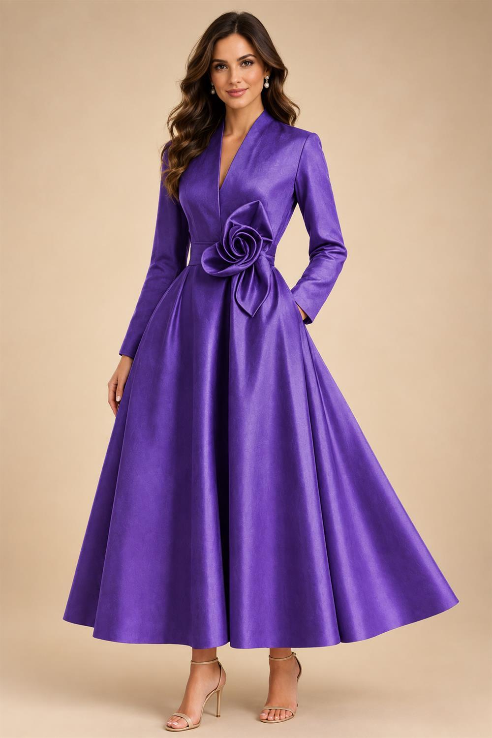 A-Line/Princess V-Neck Satin Tea-Length Mother of the Bride Dresses with Flower (SHI22500080)
