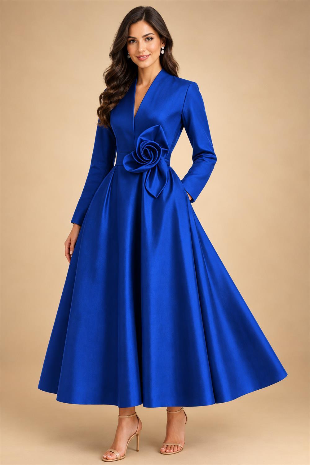A-Line/Princess V-Neck Satin Tea-Length Mother of the Bride Dresses with Flower (SHI22500080)