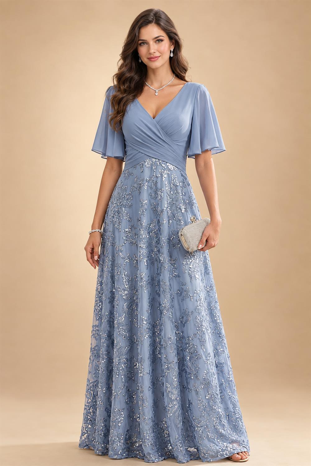 Cape Sleeve Jacquard Satin Ruched Mother of the Bride Dresses 2 Piece (SHI22500528)