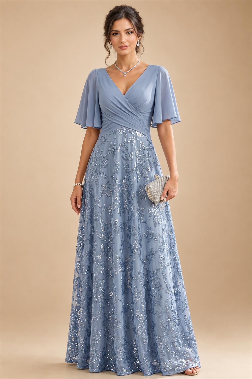 A-Line/Princess Off Shoulder Chiffon Floor-Length Mother of the Bride & Groom Dresses with Sequin, Lace Appliques & Pleats (SHI22501662)