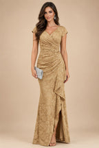 Cape Sleeve Floral Jacquard Satin Tea-Length Ruched Mother of the Bride Dresses 2 Piece (SHIA22500528)
