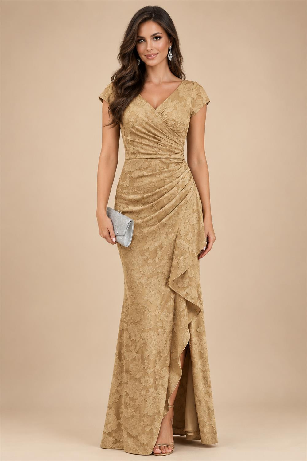 Cape Sleeve Floral Jacquard Satin Tea-Length Ruched Mother of the Bride Dresses 2 Piece (SHIA22500528)