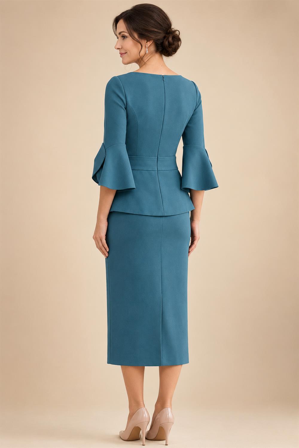 Sheath Satin Tea-Length Mother of the Bride & Groom Dresses with 3/4 Bell Sleeves & Crystal Embellished Belt (SHI22500471)