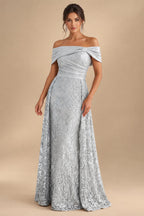 A-Line Metallic Satin Off Shoulder Bow Mother of the Bride & Groom Dresses with Floral Lace Appliques, Ruched Waist & Sweep Train (SHI22500425)