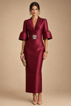 Sheath Satin Tea-Length Mother of the Bride & Groom Dresses with 3/4 Bell Sleeves & Crystal Embellished Belt (SHI22500471)