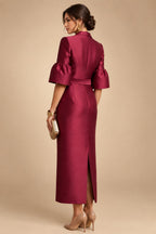 Sheath Satin Tea-Length Mother of the Bride & Groom Dresses with 3/4 Bell Sleeves & Crystal Embellished Belt (SHI22500471)