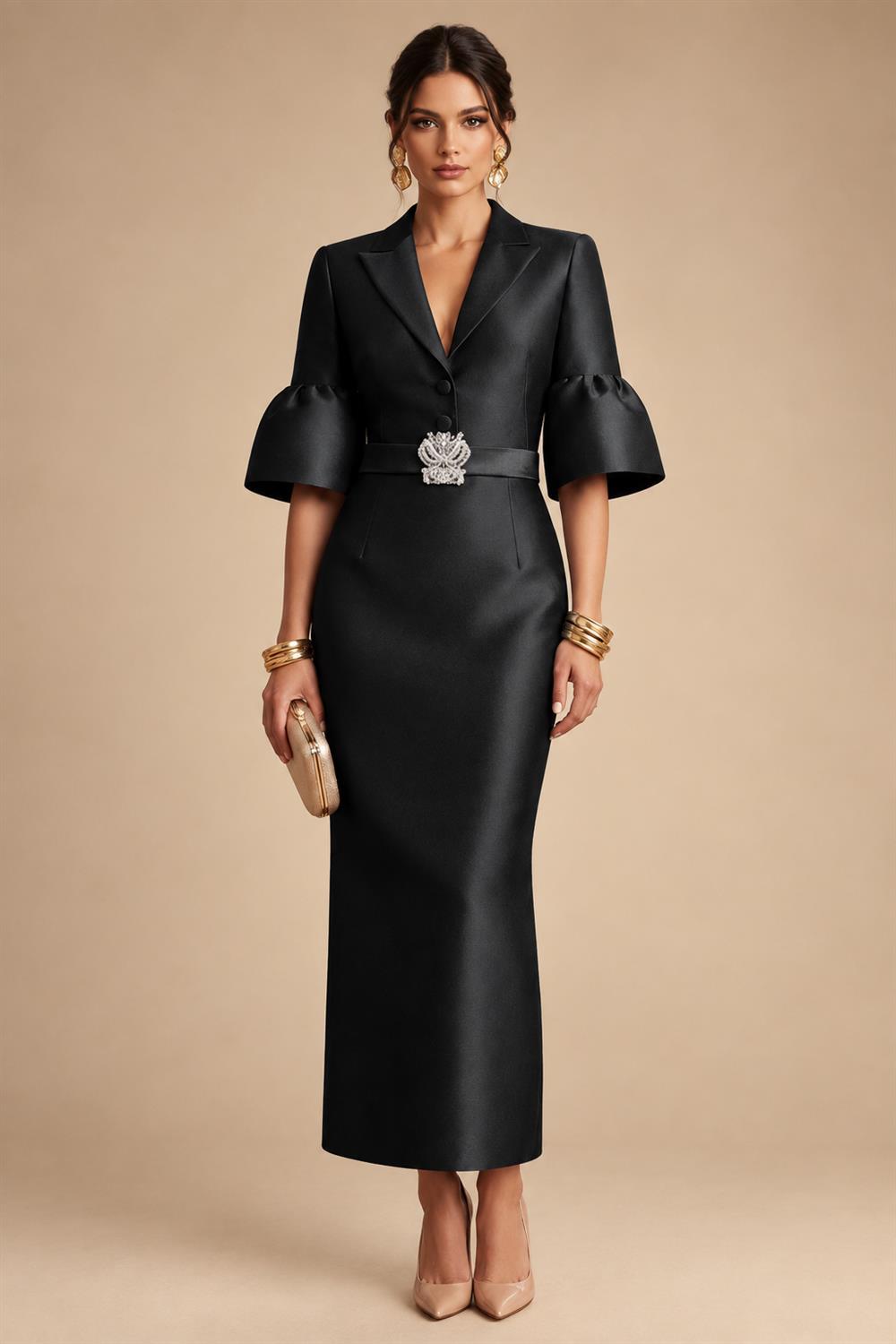Sheath Satin Tea-Length Mother of the Bride & Groom Dresses with 3/4 Bell Sleeves & Crystal Embellished Belt (SHI22500471)