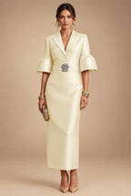 Sheath Satin Tea-Length Mother of the Bride & Groom Dresses with 3/4 Bell Sleeves & Crystal Embellished Belt (SHI22500471)