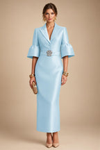 Sheath Satin Tea-Length Mother of the Bride & Groom Dresses with 3/4 Bell Sleeves & Crystal Embellished Belt (SHI22500471)