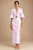 Sheath Satin Tea-Length Mother of the Bride & Groom Dresses with 3/4 Bell Sleeves & Crystal Embellished Belt (SHI22500471)
