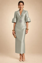 Sheath Satin Tea-Length Mother of the Bride & Groom Dresses with 3/4 Bell Sleeves & Crystal Embellished Belt (SHI22500471)