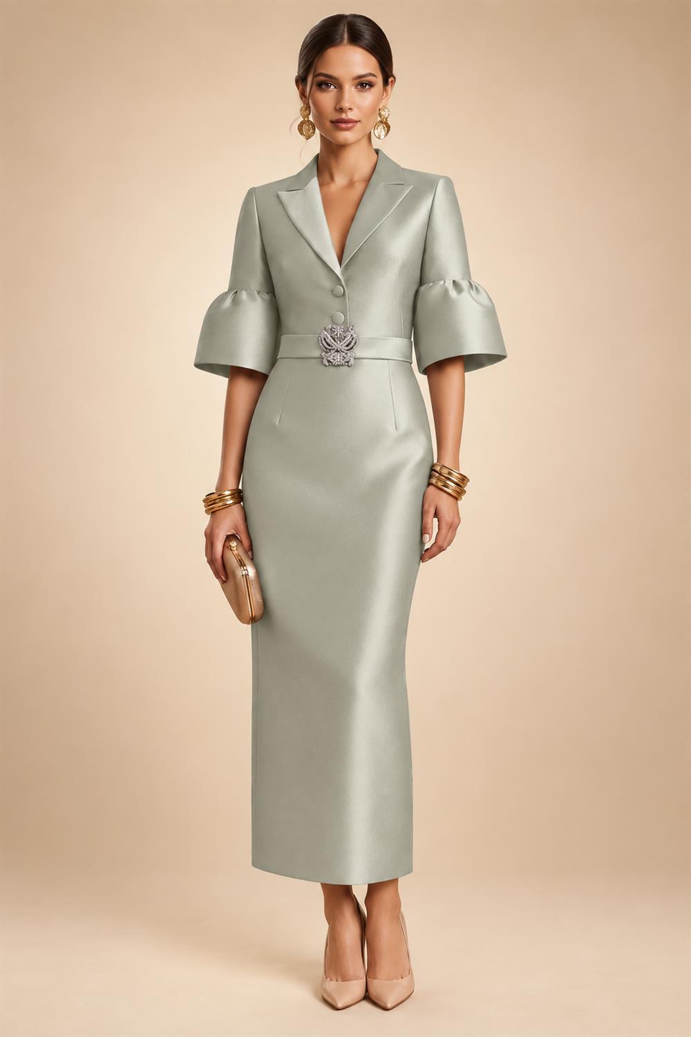 Sheath Satin Tea-Length Mother of the Bride & Groom Dresses with 3/4 Bell Sleeves & Crystal Embellished Belt (SHI22500471)