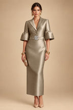 Sheath Satin Tea-Length Mother of the Bride & Groom Dresses with 3/4 Bell Sleeves & Crystal Embellished Belt (SHI22500471)
