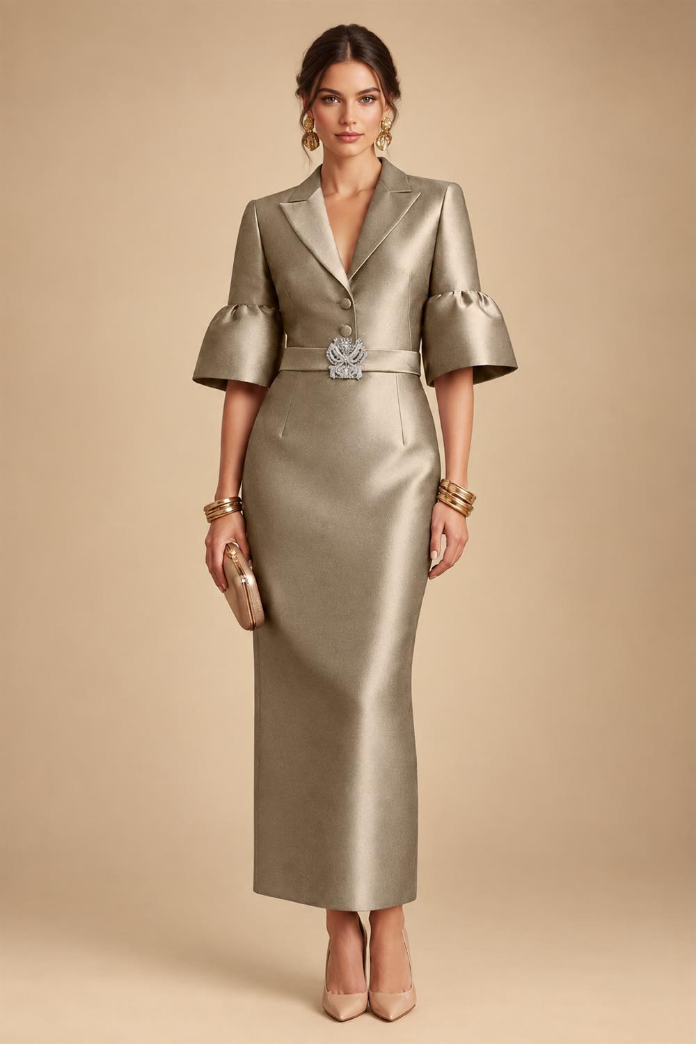 Sheath Satin Tea-Length Mother of the Bride & Groom Dresses with 3/4 Bell Sleeves & Crystal Embellished Belt (SHI22500471)