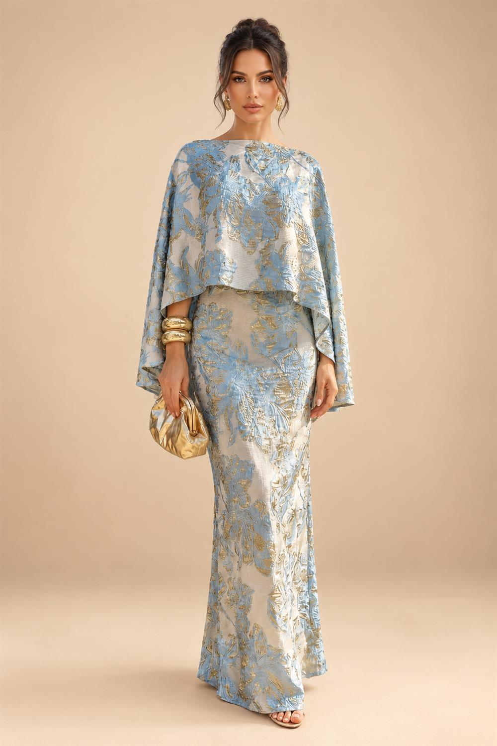 Cape Sleeve Floral Jacquard Satin Tea-Length Ruched Mother of the Bride Dresses 2 Piece (SHIA22500528)
