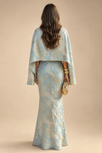 Cape Sleeve Jacquard Satin Ruched Mother of the Bride Dresses 2 Piece (SHI22500528)