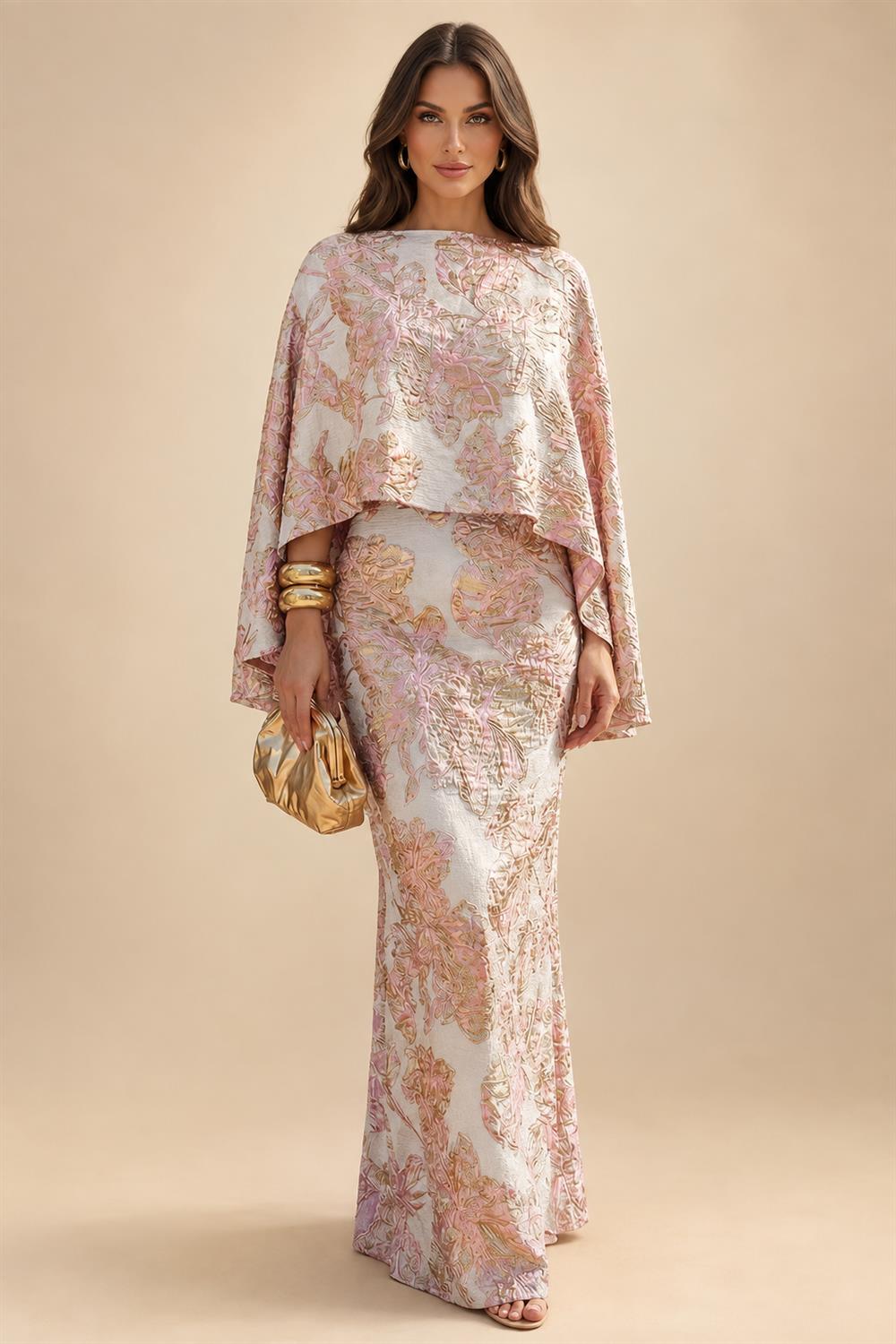 Cape Sleeve Jacquard Satin Ruched Mother of the Bride Dresses 2 Piece (SHI22500528)