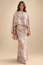 Cape Sleeve Jacquard Satin Ruched Mother of the Bride Dresses 2 Piece (SHI22500528)
