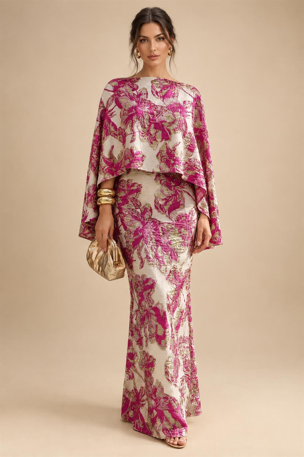Cape Sleeve Jacquard Satin Ruched Mother of the Bride Dresses 2 Piece (SHI22500528)