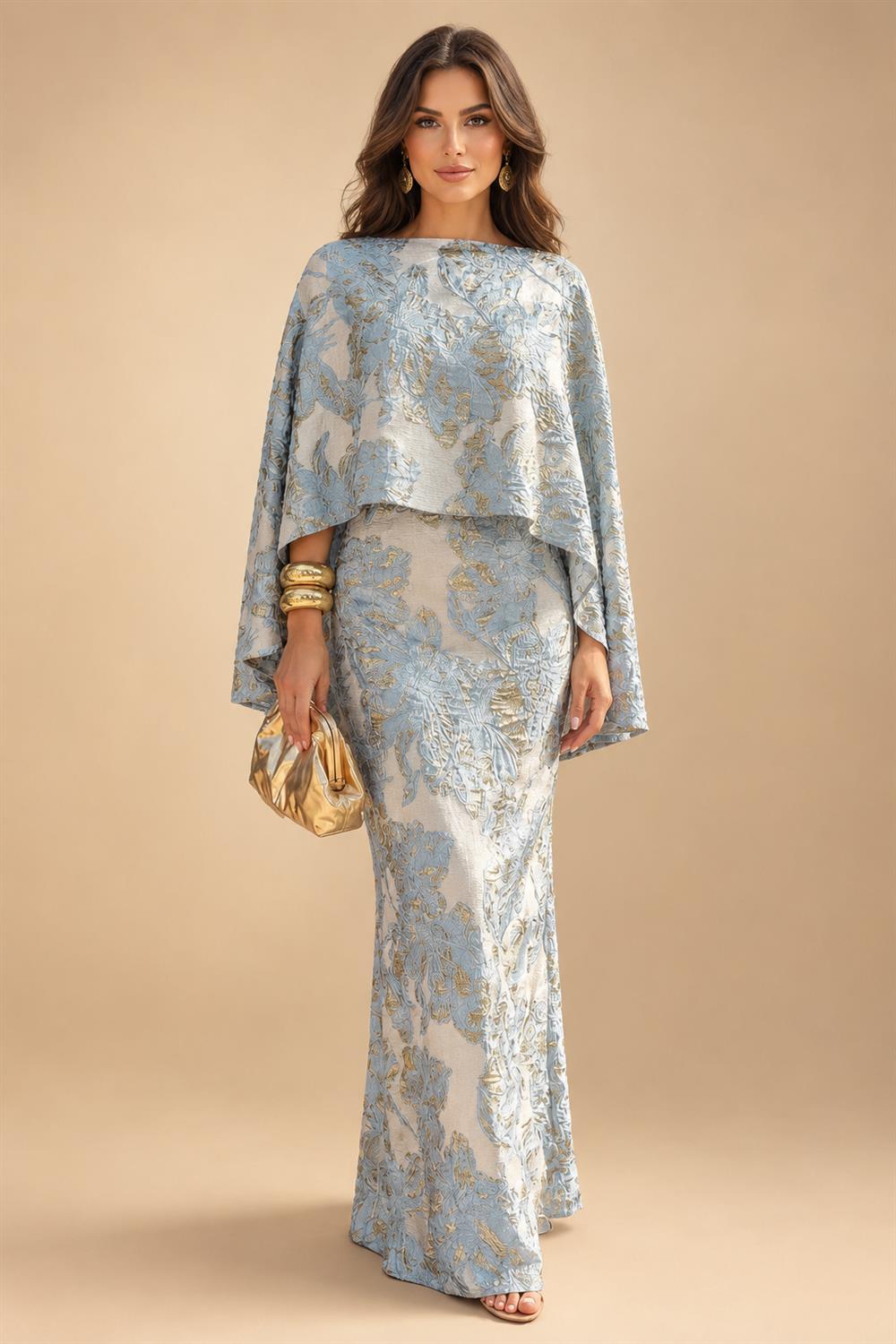 Cape Sleeve Jacquard Satin Ruched Mother of the Bride Dresses 2 Piece (SHI22500528)