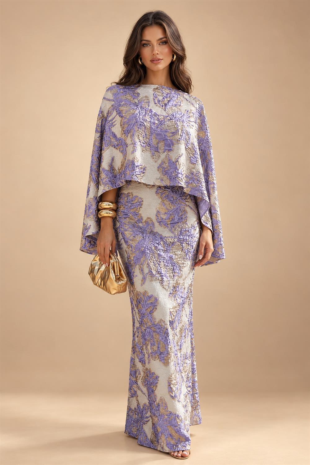 Cape Sleeve Jacquard Satin Ruched Mother of the Bride Dresses 2 Piece (SHI22500528)