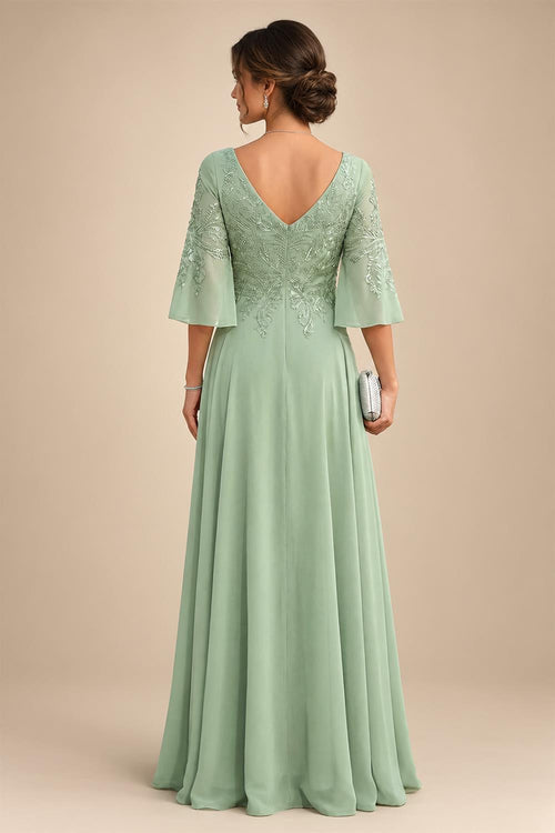 A-Line Chiffon 3/4 Flutter Sleeves Mother of the Bride & Groom Dresses with Beaded Lace Embroidered Bodice (SHI22500645)