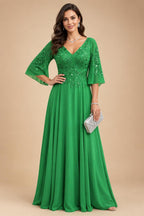 A-Line Chiffon 3/4 Flutter Sleeves Mother of the Bride & Groom Dresses with Beaded Lace Embroidered Bodice (SHI22500645)