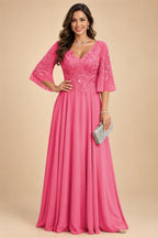 A-Line Chiffon 3/4 Flutter Sleeves Mother of the Bride & Groom Dresses with Beaded Lace Embroidered Bodice (SHI22500645)