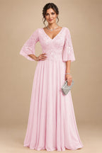 A-Line Chiffon 3/4 Flutter Sleeves Mother of the Bride & Groom Dresses with Beaded Lace Embroidered Bodice (SHI22500645)