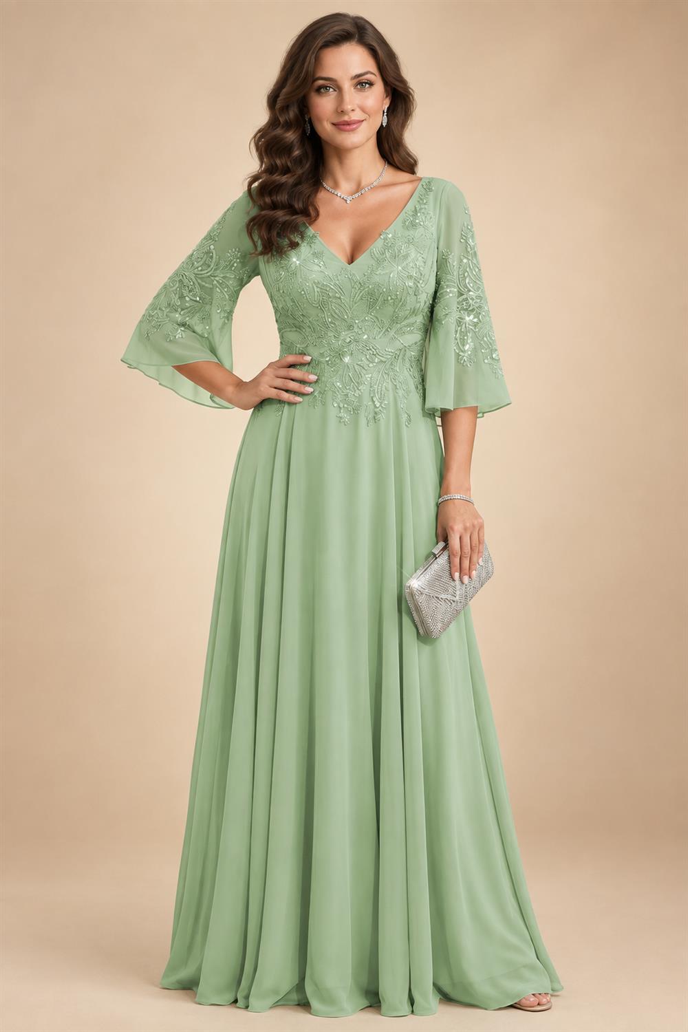 A-Line Chiffon 3/4 Flutter Sleeves Mother of the Bride & Groom Dresses with Beaded Lace Embroidered Bodice (SHI22500645)