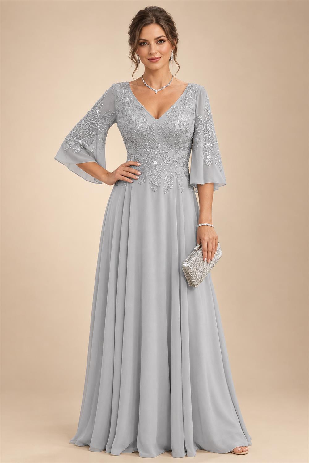 A-Line Chiffon 3/4 Flutter Sleeves Mother of the Bride & Groom Dresses with Beaded Lace Embroidered Bodice (SHI22500645)