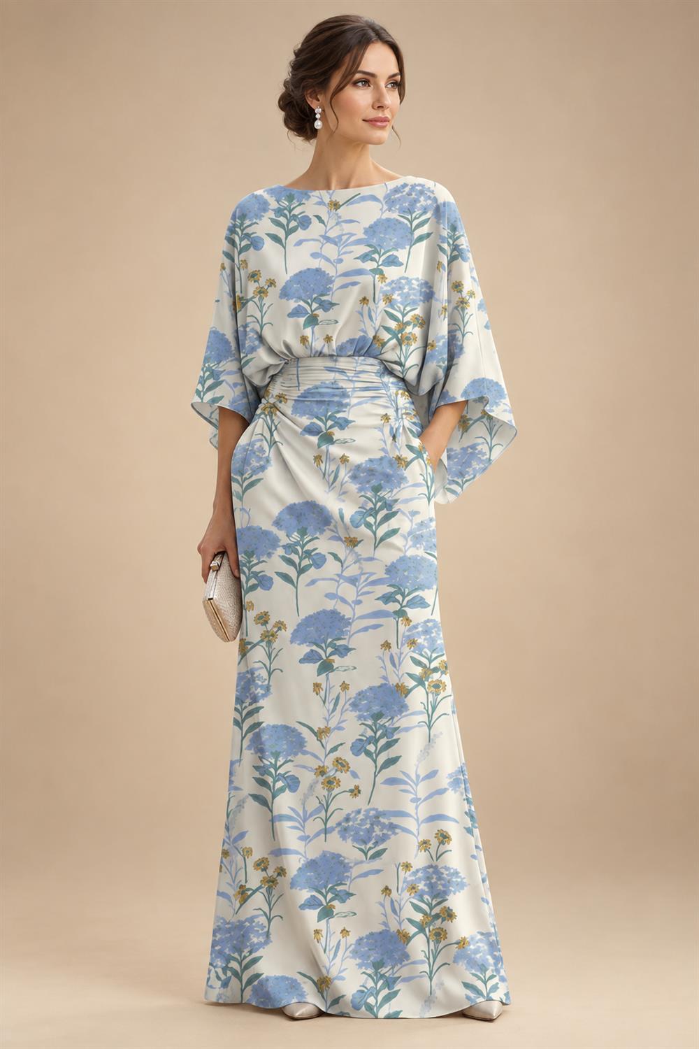 Sheath Chiffon Floral Print Cape Sleeves Mother of the Bride & Groom Dresses for Formal Wedding (SHI22500682)