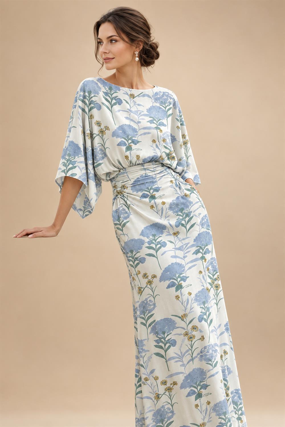 Sheath Chiffon Floral Print Cape Sleeves Mother of the Bride & Groom Dresses for Formal Wedding (SHI22500682)