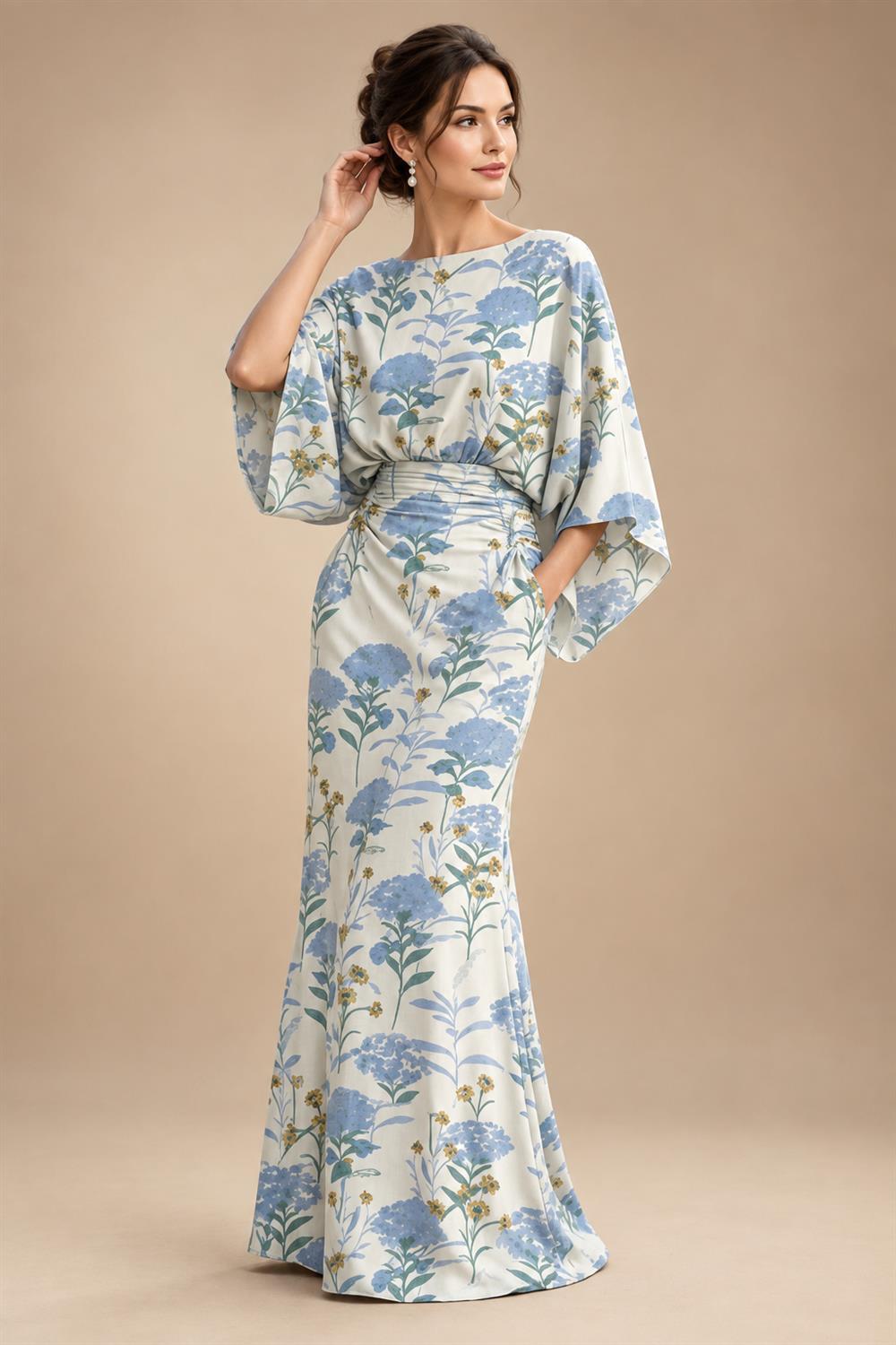 Sheath Chiffon Floral Print Cape Sleeves Mother of the Bride & Groom Dresses for Formal Wedding (SHI22500682)