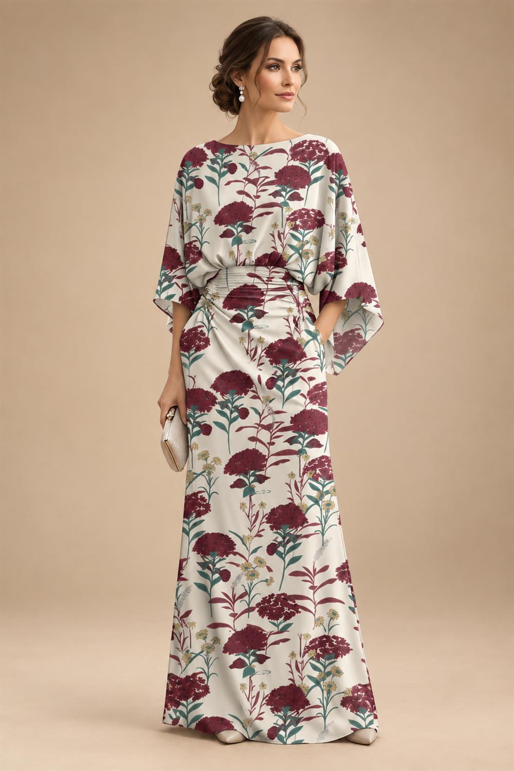 Sheath Chiffon Floral Print Cape Sleeves Mother of the Bride & Groom Dresses for Formal Wedding (SHI22500682)
