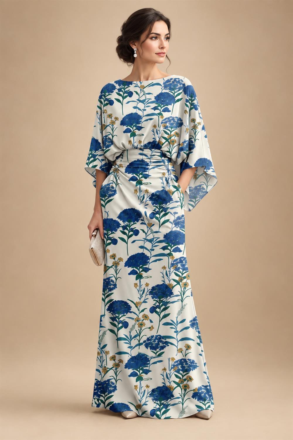 Sheath Chiffon Floral Print Cape Sleeves Mother of the Bride & Groom Dresses for Formal Wedding (SHI22500682)