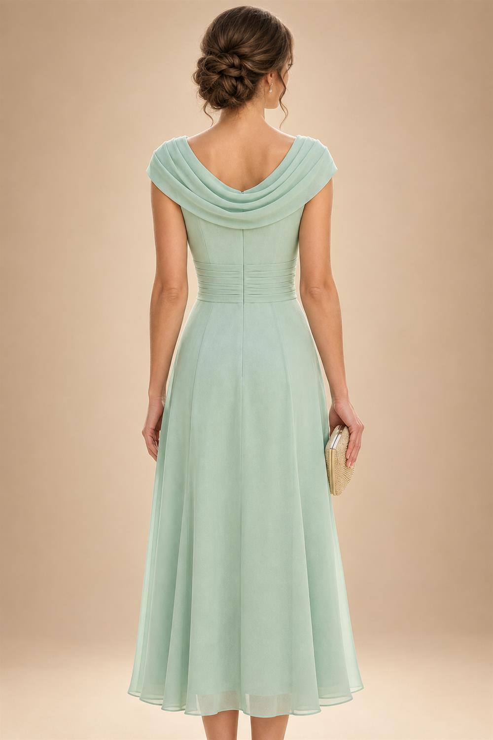 Lightweight Sheath Tea-Length Chiffon Mother of the Bride & Groom Dresses with Cowl Neck & Ruched Waist (SHI22500689)