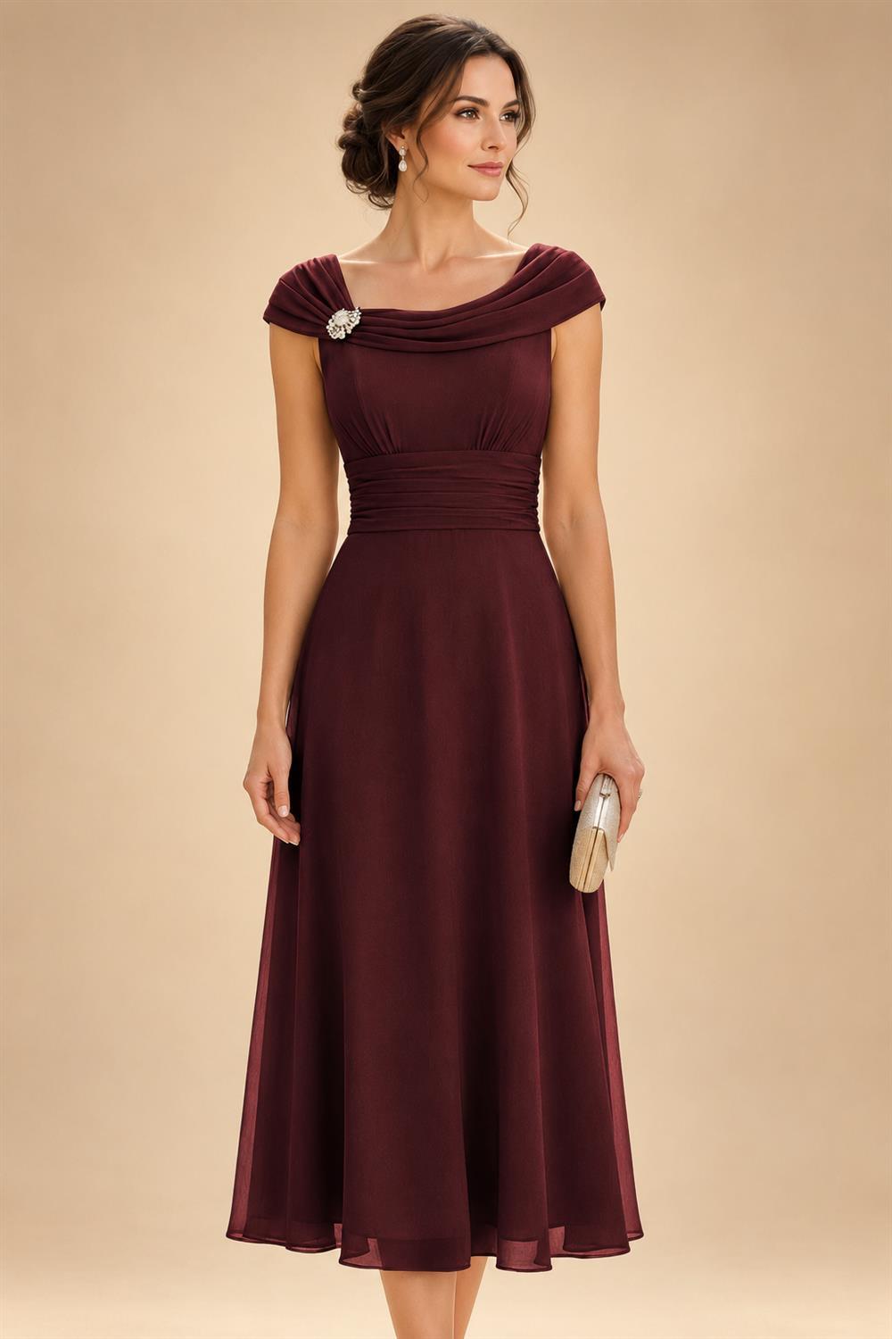 Lightweight Sheath Tea-Length Chiffon Mother of the Bride & Groom Dresses with Cowl Neck & Ruched Waist (SHI22500689)