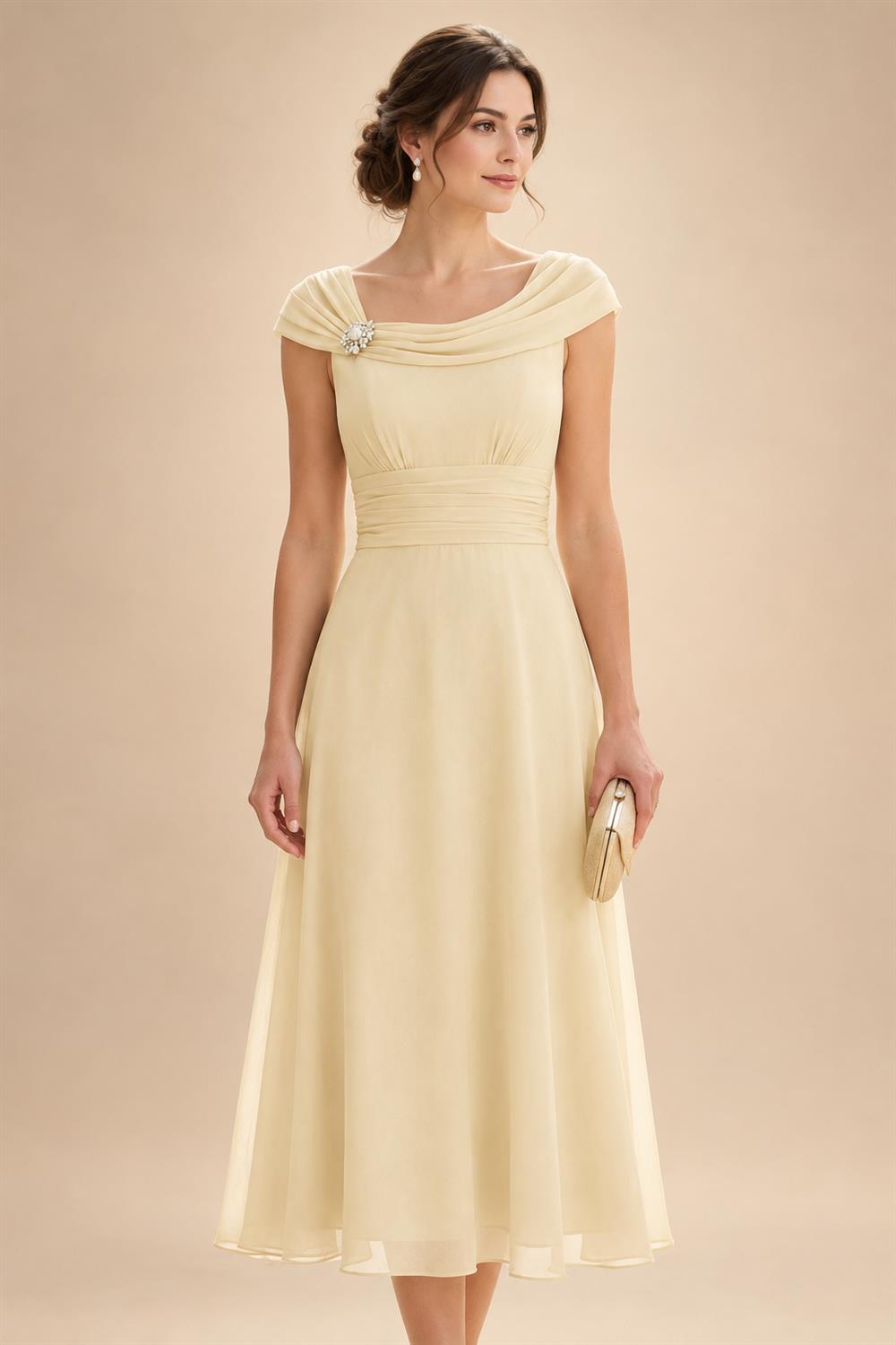 Lightweight Sheath Tea-Length Chiffon Mother of the Bride & Groom Dresses with Cowl Neck & Ruched Waist (SHI22500689)