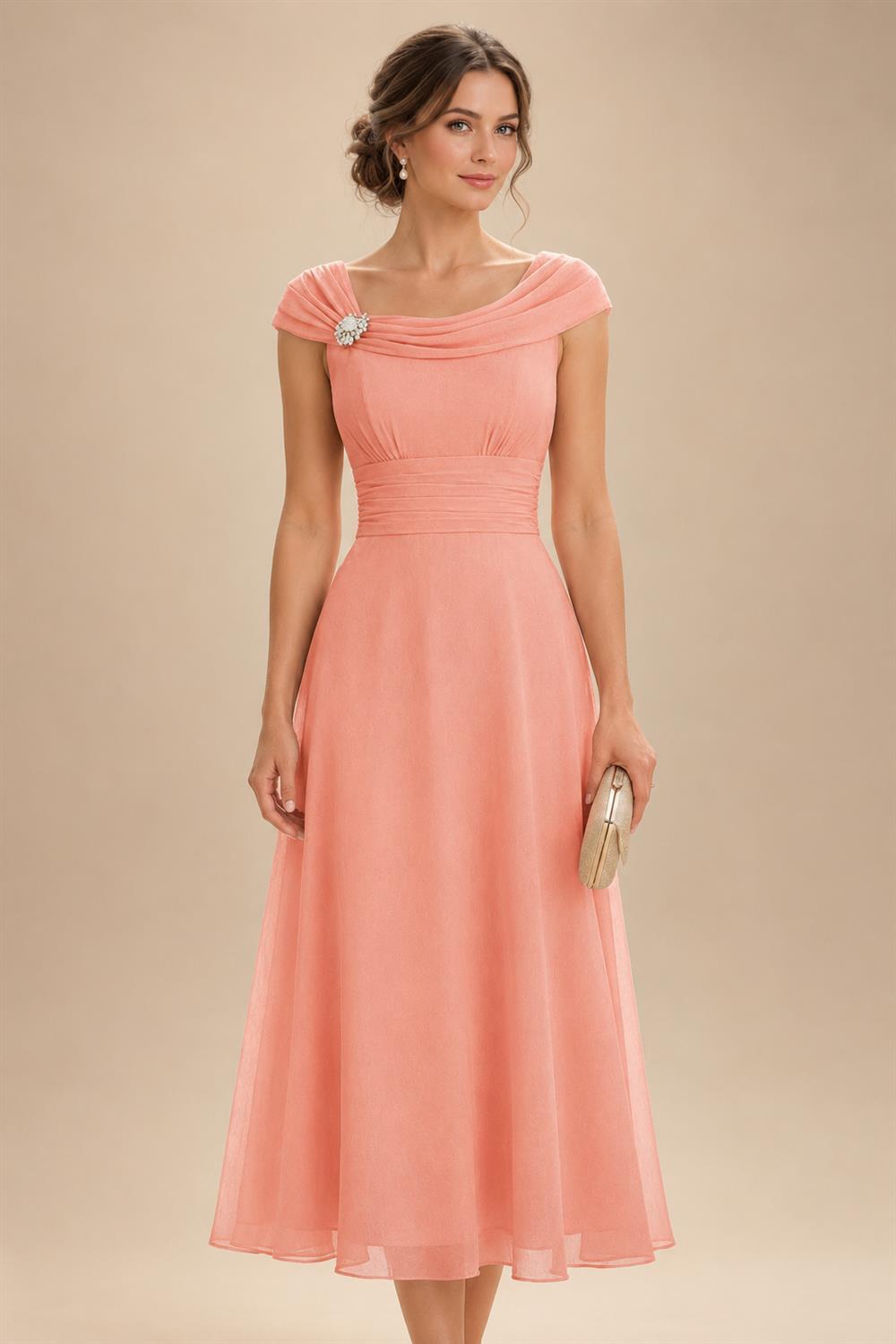 Lightweight Sheath Tea-Length Chiffon Mother of the Bride & Groom Dresses with Cowl Neck & Ruched Waist (SHI22500689)