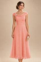Lightweight Sheath Tea-Length Chiffon Mother of the Bride & Groom Dresses with Cowl Neck & Ruched Waist (SHI22500689)