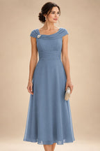 Lightweight Sheath Tea-Length Chiffon Mother of the Bride & Groom Dresses with Cowl Neck & Ruched Waist (SHI22500689)