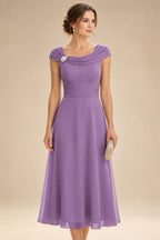 Lightweight Sheath Tea-Length Chiffon Mother of the Bride & Groom Dresses with Cowl Neck & Ruched Waist (SHI22500689)