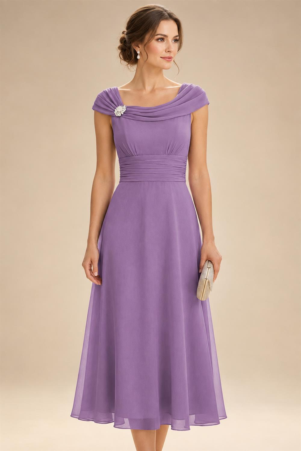 Lightweight Sheath Tea-Length Chiffon Mother of the Bride & Groom Dresses with Cowl Neck & Ruched Waist (SHI22500689)