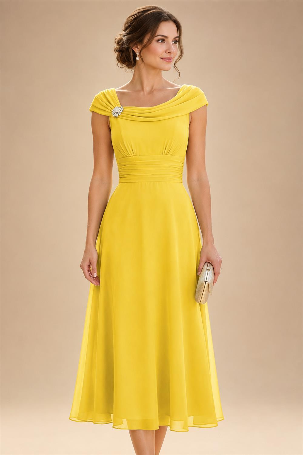 Lightweight Sheath Tea-Length Chiffon Mother of the Bride & Groom Dresses with Cowl Neck & Ruched Waist (SHI22500689)