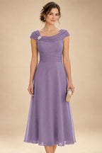 Lightweight Sheath Tea-Length Chiffon Mother of the Bride & Groom Dresses with Cowl Neck & Ruched Waist (SHI22500689)
