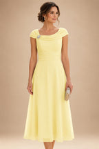 Lightweight Sheath Tea-Length Chiffon Mother of the Bride & Groom Dresses with Cowl Neck & Ruched Waist (SHI22500689)