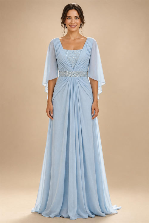 A-Line Chiffon Pleated Long Mother of the Bride & Groom Dresses with 3/4 Flutter Sleeves & Sequin Waist (SHI22500702)
